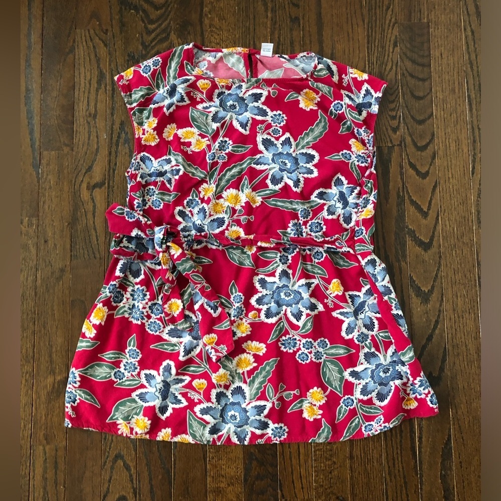 Old Navy Maternity M Cranberry Red Bright Floral Sleeveless Tie-Waist Blouse